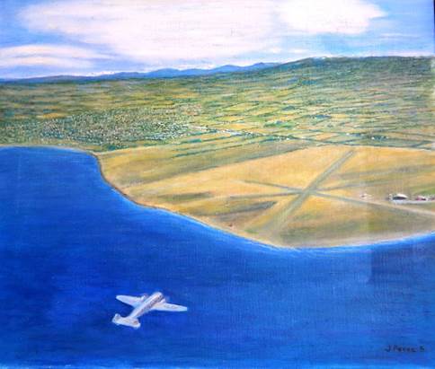 Oleo de Jorge Pérez S. representando aproximación de avión Electra al aeródromo de Bahia Catalina.
